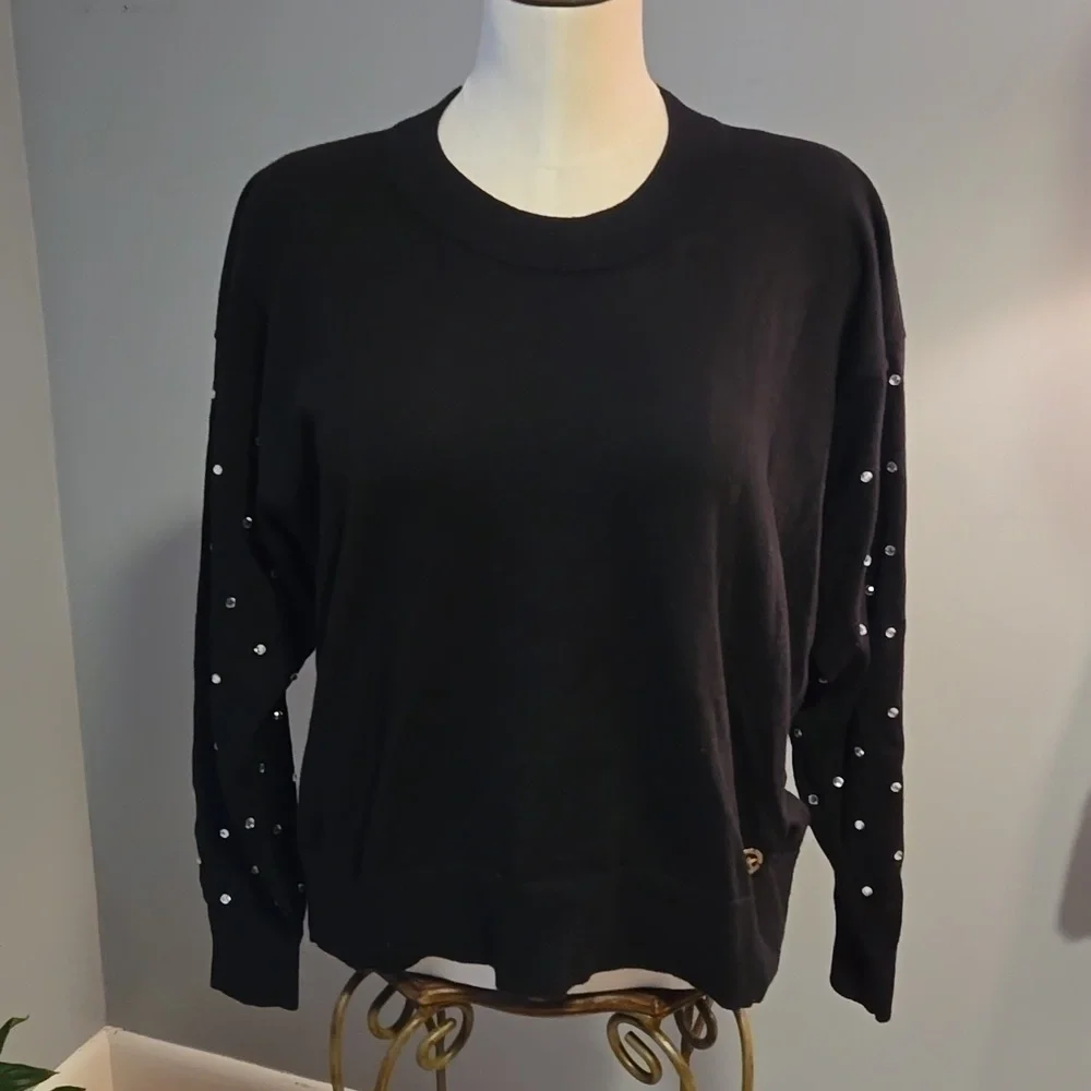 Michael Kors Stretchy Black Rhinestone Long Sleeve Designer Sweater - Size S